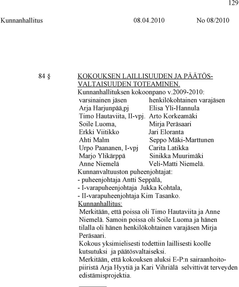 Arto Korkeamäki Soile Luoma, Mirja Peräsaari Erkki Viitikko Jari Eloranta Ahti Malm Seppo Mäki-Marttunen Urpo Paananen, I-vpj Carita Latikka Marjo Ylikärppä Sinikka Muurimäki Anne Niemelä Veli-Matti