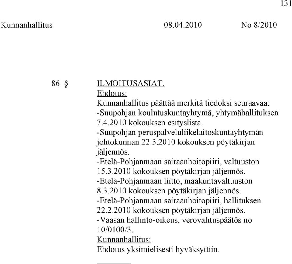 -Suupohjan peruspalveluliikelaitoskuntayhtymän johtokunnan 22.3.2010 kokouksen pöytäkirjan jäljennös. -Etelä-Pohjanmaan sairaanhoitopiiri, valtuuston 15.3.2010 kokouksen pöytäkirjan jäljennös. -Etelä-Pohjanmaan liitto, maakuntavaltuuston 8.