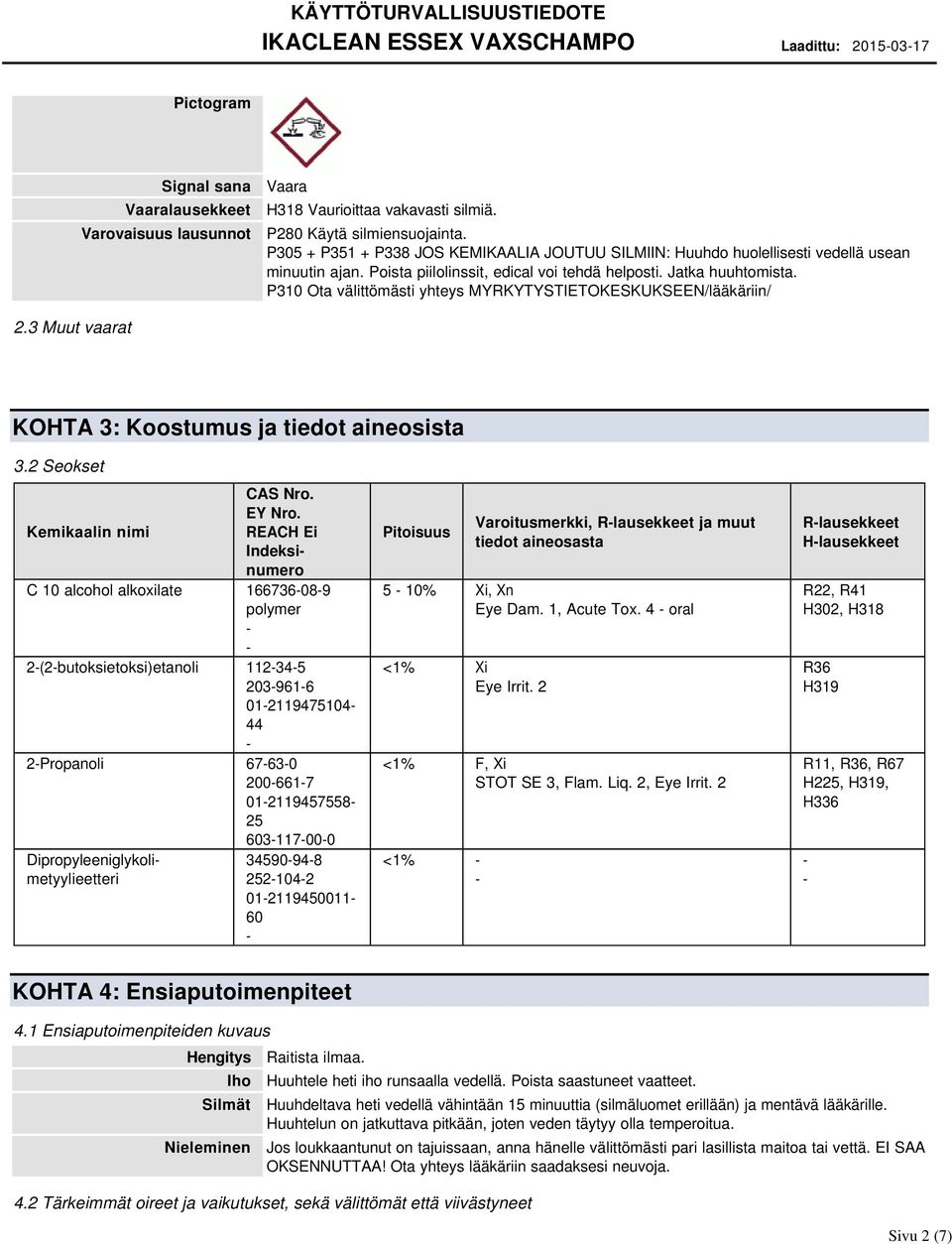 P310 Ota välittömästi yhteys MYRKYTYSTIETOKESKUKSEEN/lääkäriin/ 2.3 Muut vaarat KOHTA 3: Koostumus ja tiedot aineosista 3.2 Seokset CAS Nro. EY Nro.