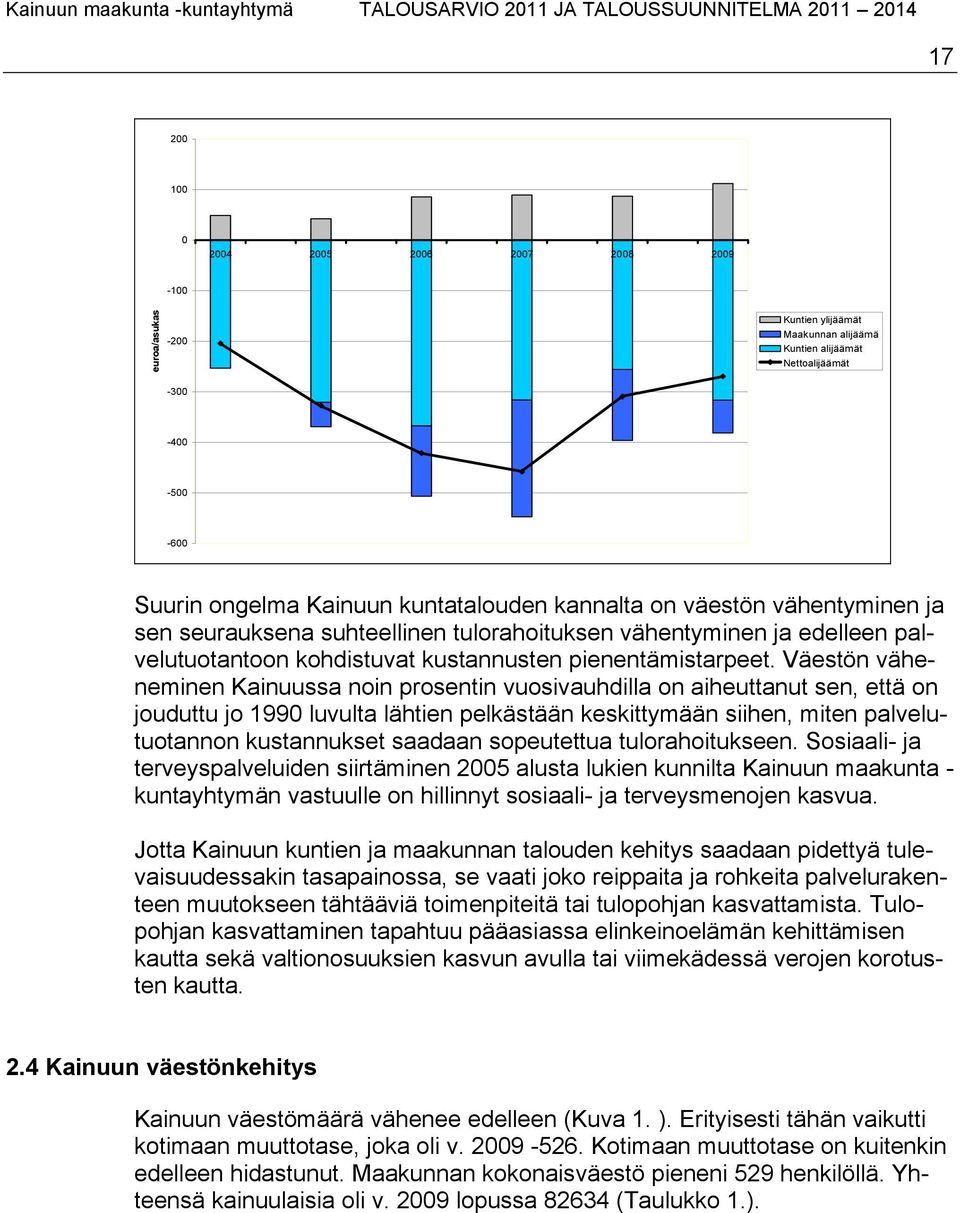 Väestön väheneminen Kainuussa noin prosentin vuosivauhdilla on aiheuttanut sen, että on jouduttu jo 1990 luvulta lähtien pelkästään keskittymään siihen, miten palvelutuotannon kustannukset saadaan