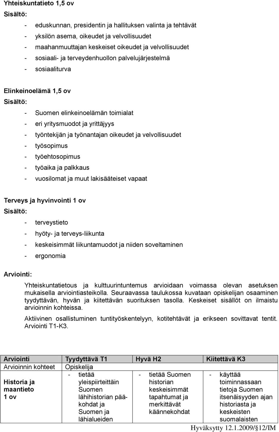 työsopimus - työehtosopimus - työaika ja palkkaus - vuosilomat ja muut lakisääteiset vapaat Terveys ja hyvinvointi 1 ov - terveystieto - hyöty- ja terveys-liikunta - keskeisimmät liikuntamuodot ja