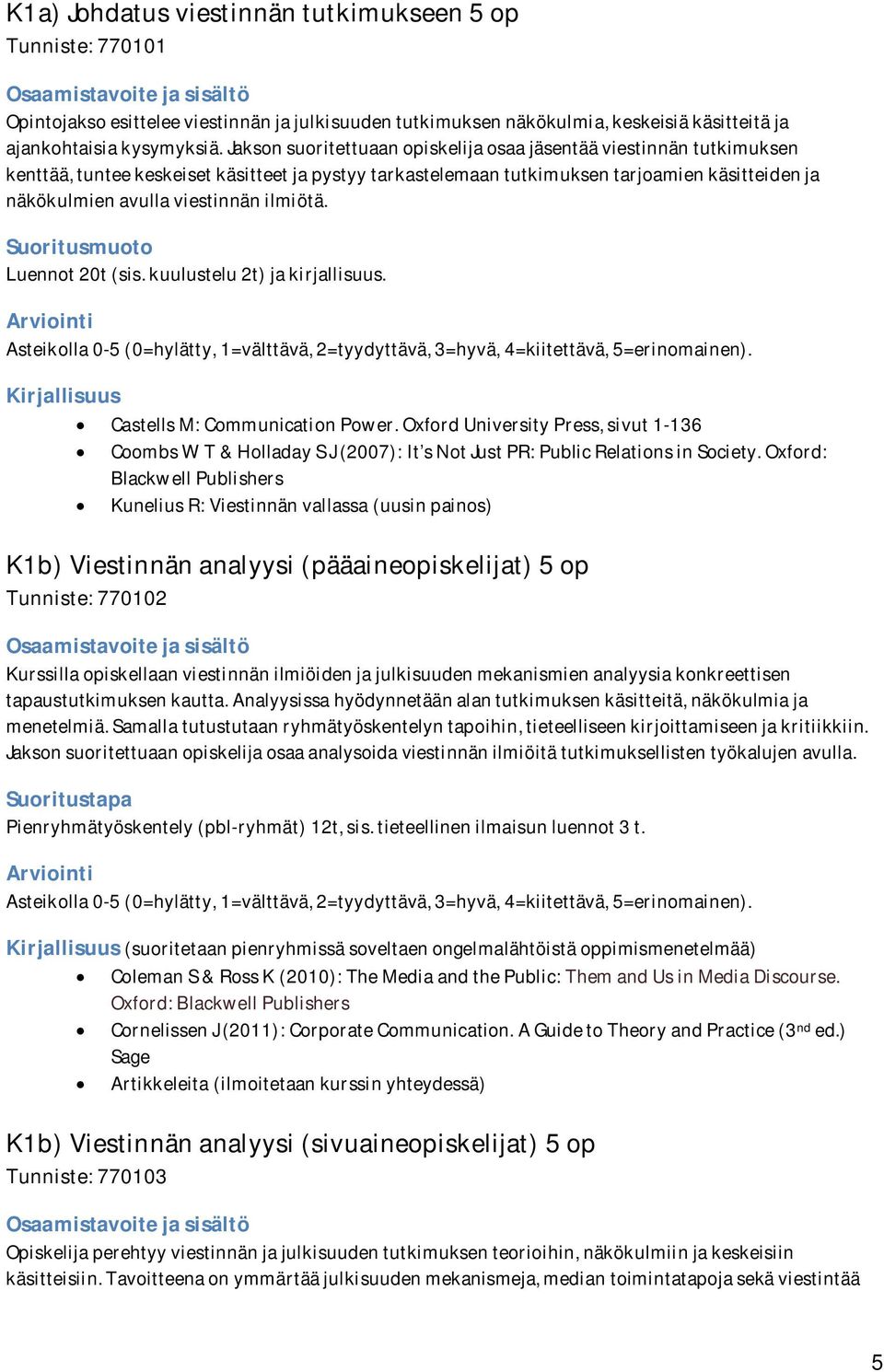 ilmiötä. Suoritusmuoto Luennot 20t (sis. kuulustelu 2t) ja kirjallisuus. Castells M: Communication Power.