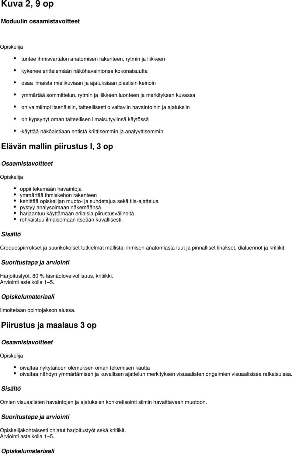 -käyttää näköaistiaan entistä kriittisemmin ja analyyttisemmin Elävän mallin piirustus I, op oppii tekemään havaintoja ymmärtää ihmiskehon rakenteen kehittää opiskelijan muoto- ja suhdetajua sekä