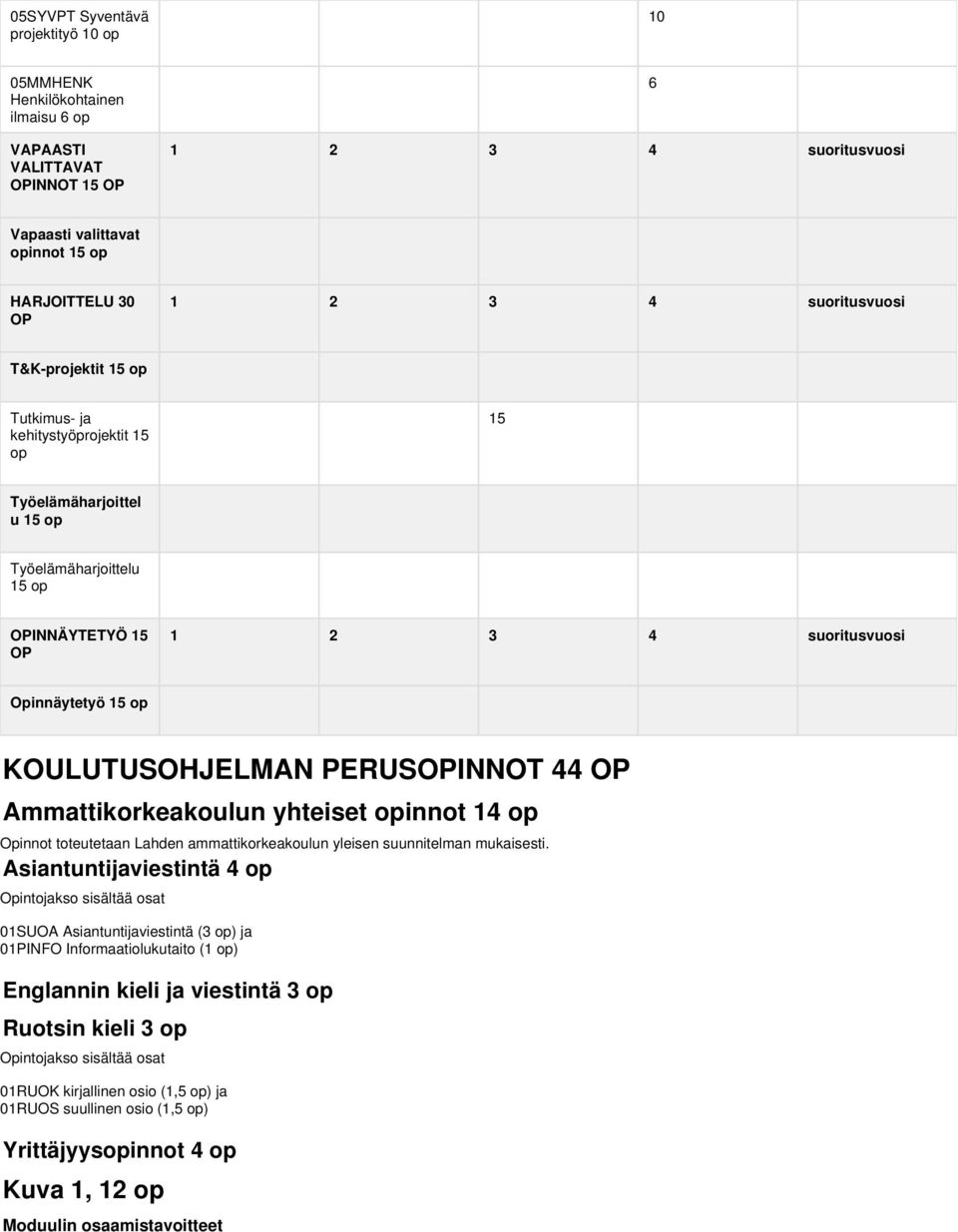 KOULUTUSOHJELMAN PERUSOPINNOT 44 OP Ammattikorkeakoulun yhteiset opinnot 14 op Opinnot toteutetaan Lahden ammattikorkeakoulun yleisen suunnitelman mukaisesti.