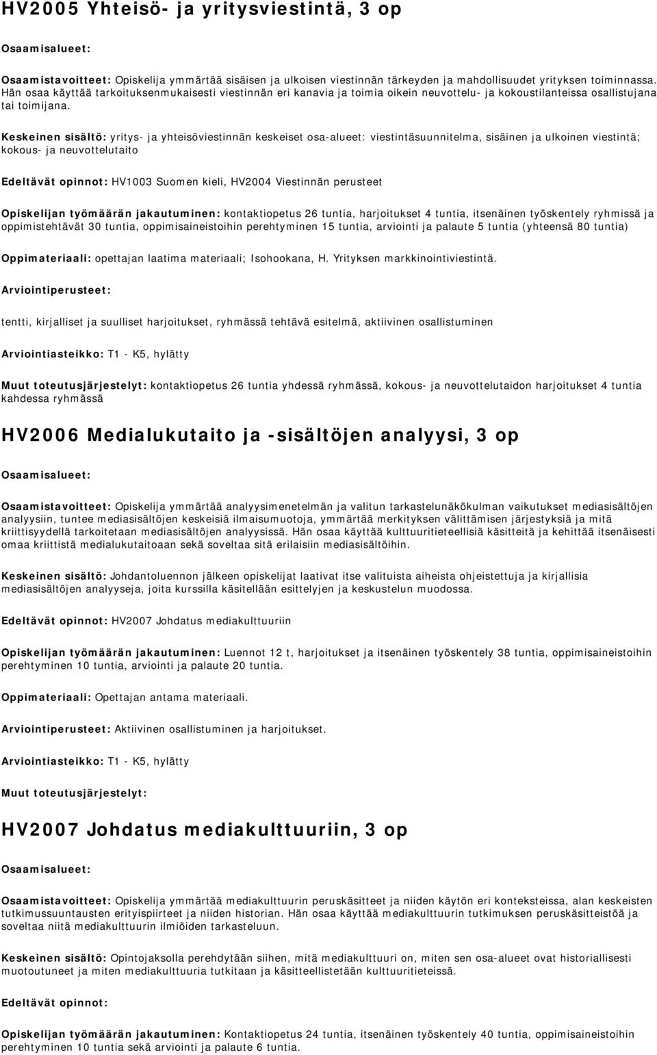 Keskeinen sisältö: yritys- ja yhteisöviestinnän keskeiset osa-alueet: viestintäsuunnitelma, sisäinen ja ulkoinen viestintä; kokous- ja neuvottelutaito Edeltävät opinnot: HV1003 Suomen kieli, HV2004