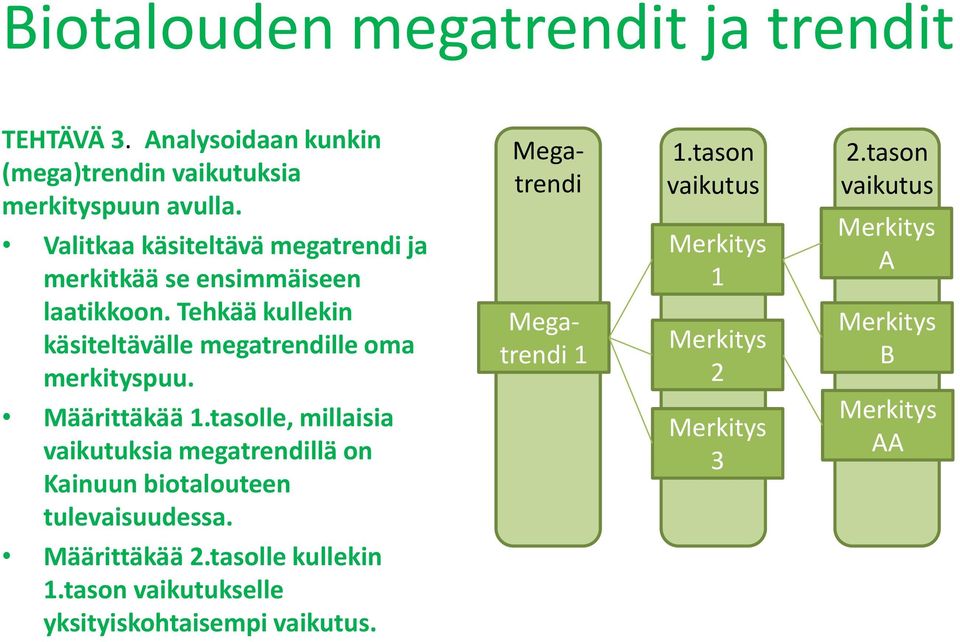 Tehkää kullekin käsiteltävälle megatrendille oma merkityspuu. Määrittäkää 1.