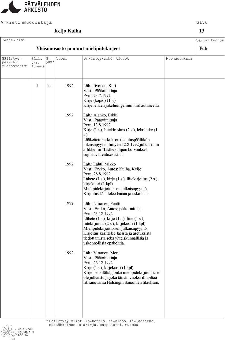 : Erkko, Aatos; Kulha, Keijo Pvm: 28.8.1992 Lähete (1 s.), kirje (1 s.), liitekirjoitus (2 s.), kirjekuori (1 kpl) Mielipidekirjoituksen julkaisupyyntö. Kirjoitus käsittelee lamaa ja uskontoa.