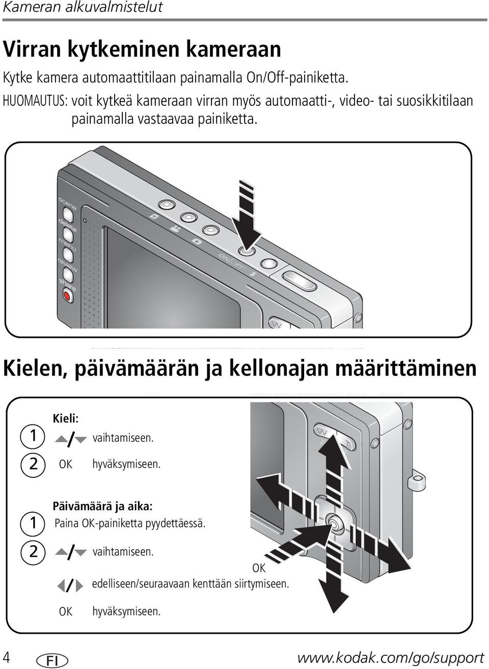 Kielen, päivämäärän ja kellonajan määrittäminen Kieli: 1 vaihtamiseen. 2 OK hyväksymiseen.