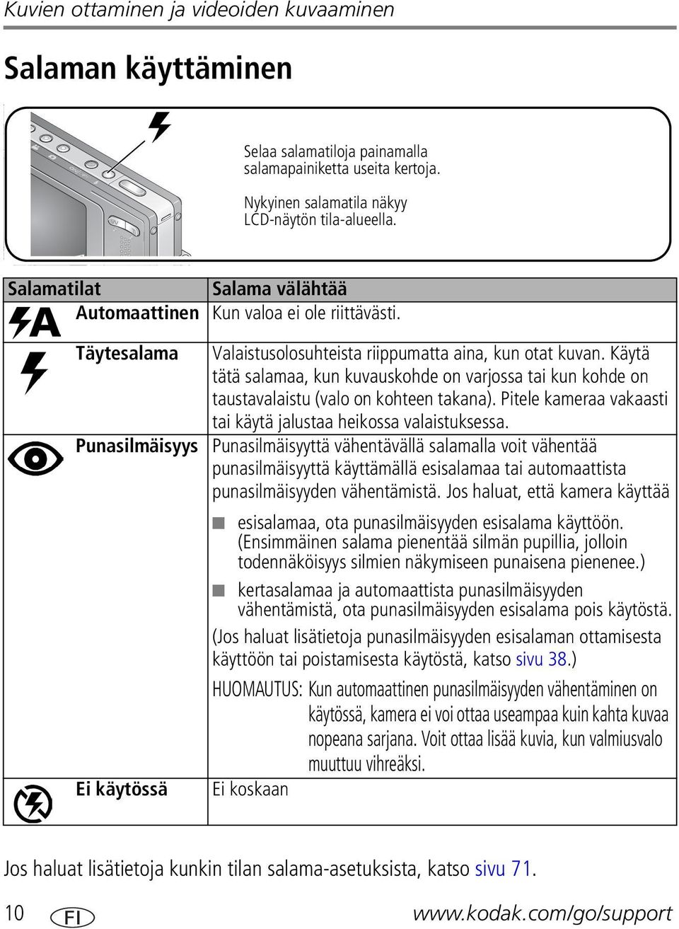 Käytä tätä salamaa, kun kuvauskohde on varjossa tai kun kohde on taustavalaistu (valo on kohteen takana). Pitele kameraa vakaasti tai käytä jalustaa heikossa valaistuksessa.