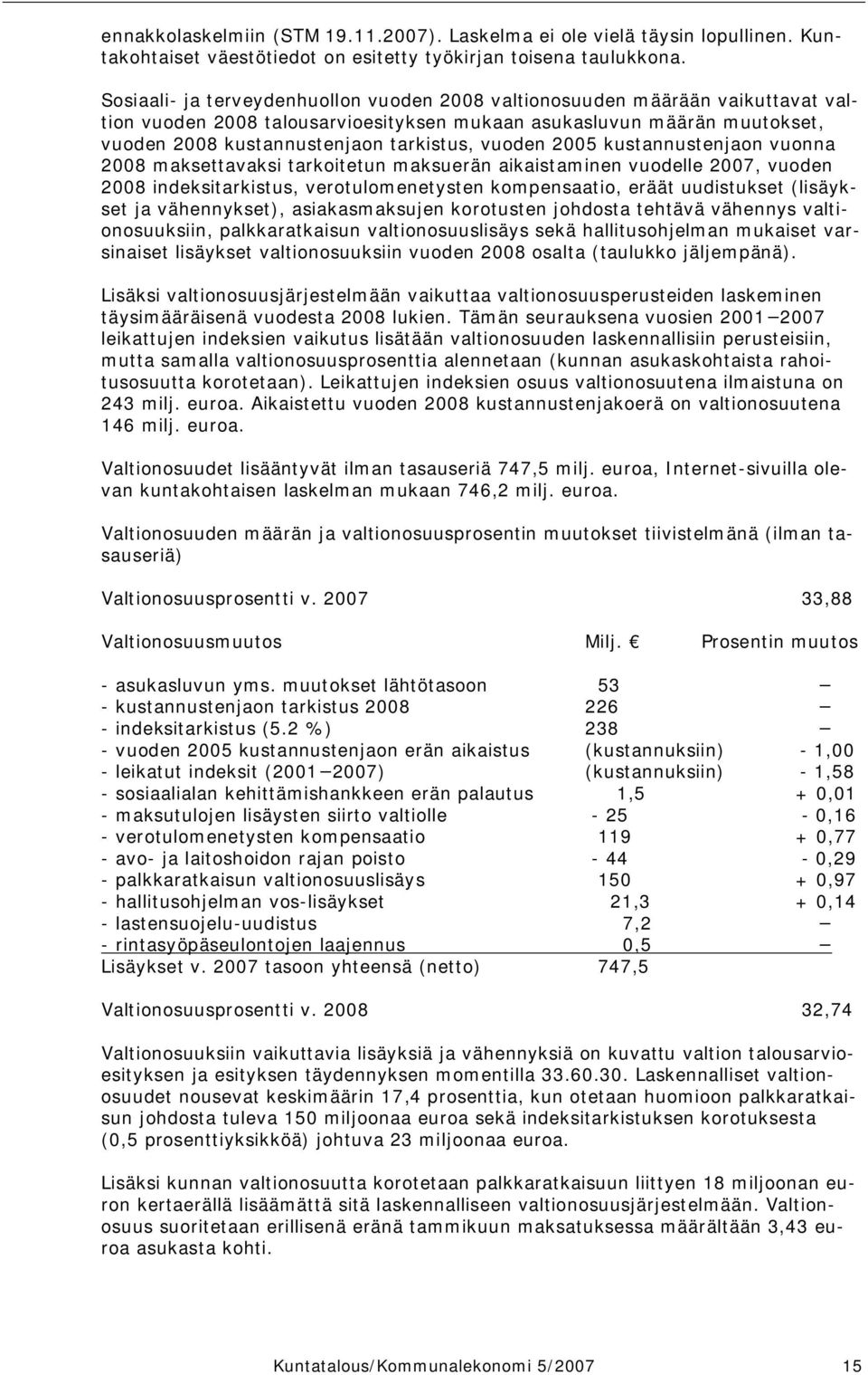 vuoden 2005 kustannustenjaon vuonna 2008 maksettavaksi tarkoitetun maksuerän aikaistaminen vuodelle 2007, vuoden 2008 indeksitarkistus, verotulomenetysten kompensaatio, eräät uudistukset (lisäykset