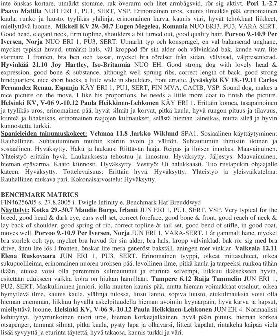 7 Eugen Megelea, Romania NUO ERI3, PU3, VARA-SERT. Good head, elegant neck, firm topline, shoulders a bit turned out, good quality hair. Porvoo 9.-10.9 Per Iversen, Norja NUO ERI 1, PU3, SERT.