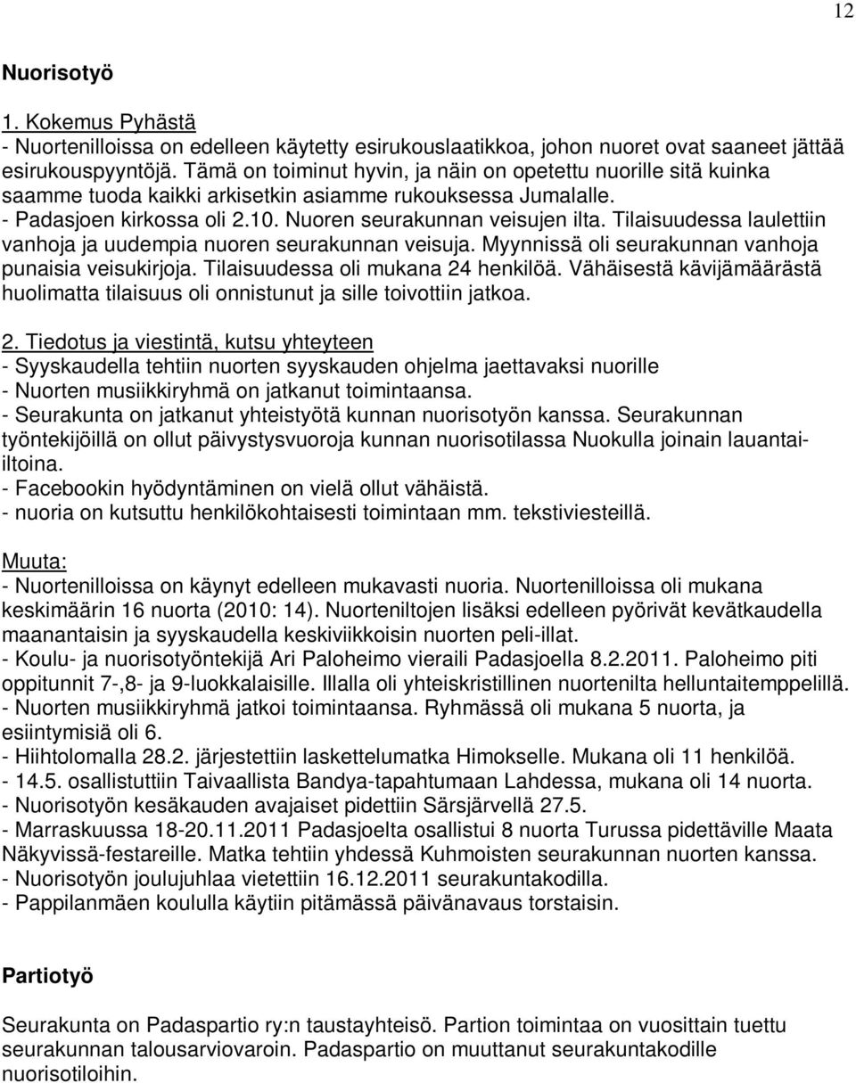 Tilaisuudessa laulettiin vanhoja ja uudempia nuoren seurakunnan veisuja. Myynnissä oli seurakunnan vanhoja punaisia veisukirjoja. Tilaisuudessa oli mukana 24 henkilöä.