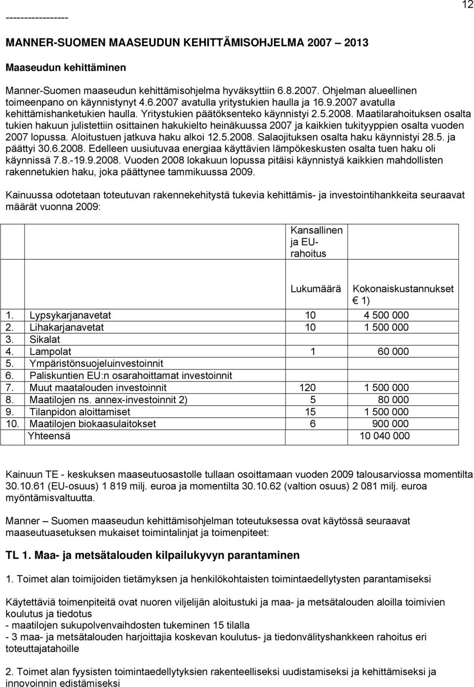 Maatilarahoituksen osalta tukien hakuun julistettiin osittainen hakukielto heinäkuussa 2007 ja kaikkien tukityyppien osalta vuoden 2007 lopussa. Aloitustuen jatkuva haku alkoi 12.5.2008.