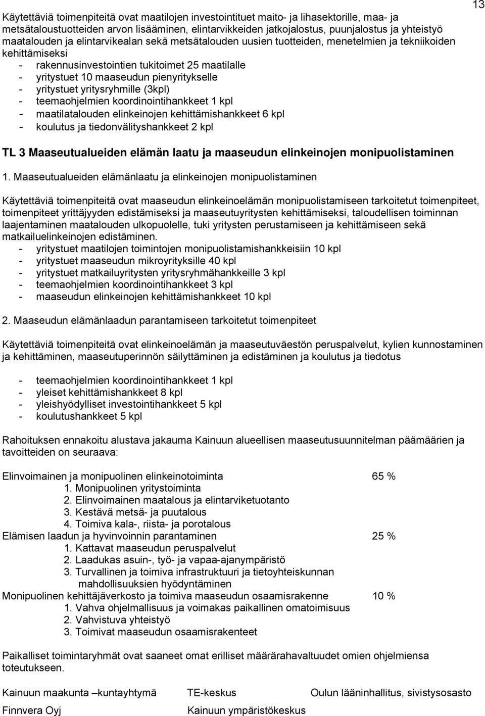 pienyritykselle - yritystuet yritysryhmille (3kpl) - teemaohjelmien koordinointihankkeet 1 kpl - maatilatalouden elinkeinojen kehittämishankkeet 6 kpl - koulutus ja tiedonvälityshankkeet 2 kpl 13 TL