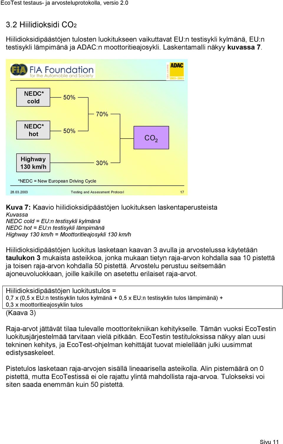 2003 Testing and Assessment Protocol 17 Kuva 7: Kaavio hiilidioksidipäästöjen luokituksen laskentaperusteista Kuvassa NEDC cold = EU:n testisykli kylmänä NEDC hot = EU:n testisykli lämpimänä Highway