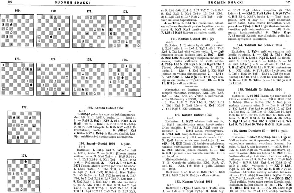 10 0 011.0'0 0 0 0 0 0 0 0 0.1.~0 0 0 0 0 ~~ ~~ 11.0'0 0 0 0 011.0 0 0 010l!l0 0 0 0 0 169. Kansan Uutiset 1959 5+4 1. b8r+! pakottaa mustan tukkimaan ruudun b8. Ei 1. b8d?, koska 1. - R:a5+! 1. - R:b8 2.