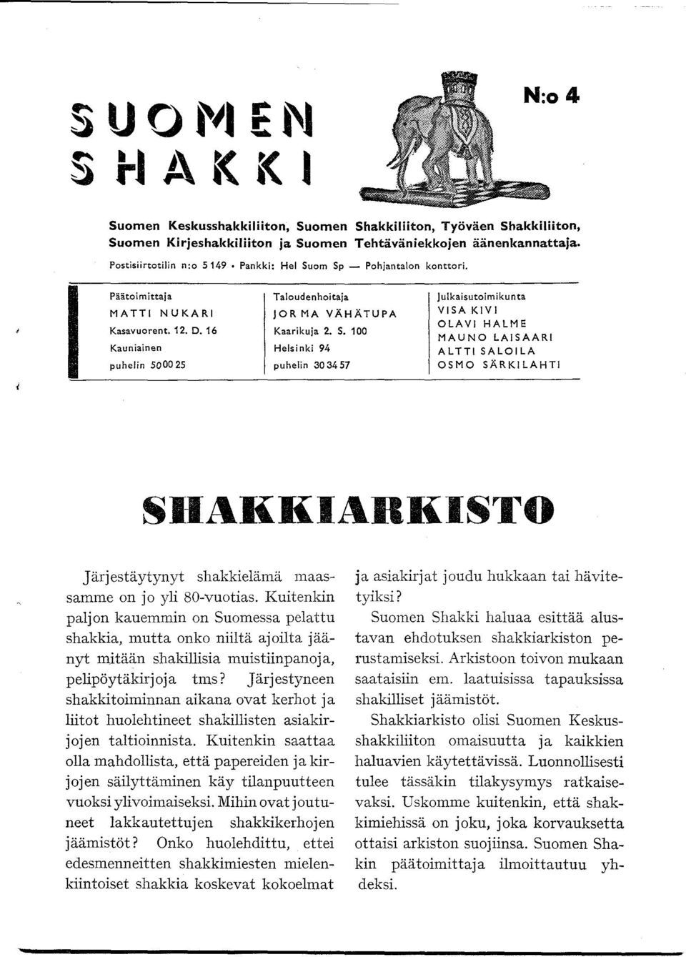 S. 100 OLAVI HALME MAUNO LAISAARI Kauniainen Helsinki 94 ALTTI SALOlLA puhelin 500025 puhelin 303457 OSMO SÄRKI LAHTI SDAKKIARKISTO Järjestäytynyt shakkielämä maassamme on jo yli 80-vuotias.