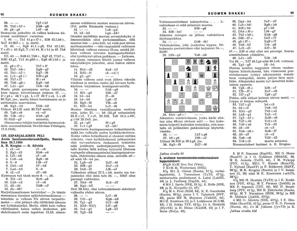 Th7-h8+ Kg8-g7 43. Th1-h7 + Kg7-f6 44. Lc1-gS+! Kf6 X gs 45. Th7 X f7 fs X e4 46. Th8-g8+ KgS-h6 47. Ld1-g4! Dc8-b8 Musta pitää parempana sortua taistellen, kuin taipua toivottomaan jatkoon 47.