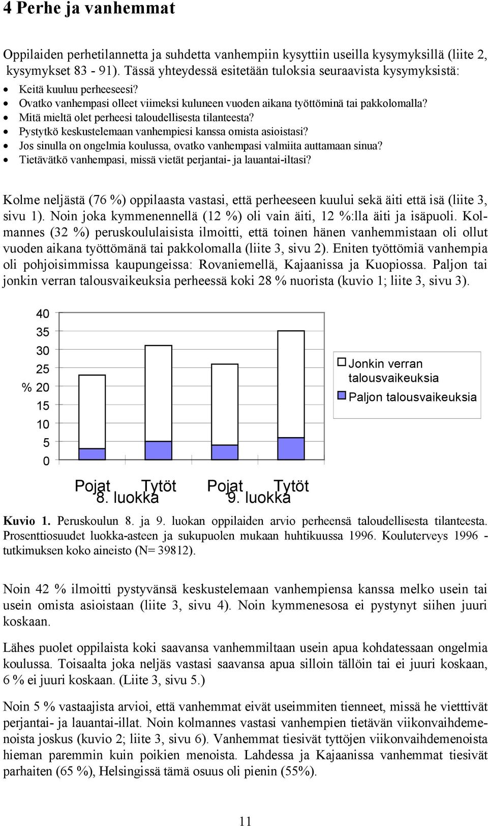 Mitä mieltä olet perheesi taloudellisesta tilanteesta? Pystytkö keskustelemaan vanhempiesi kanssa omista asioistasi? Jos sinulla on ongelmia koulussa, ovatko vanhempasi valmiita auttamaan sinua?