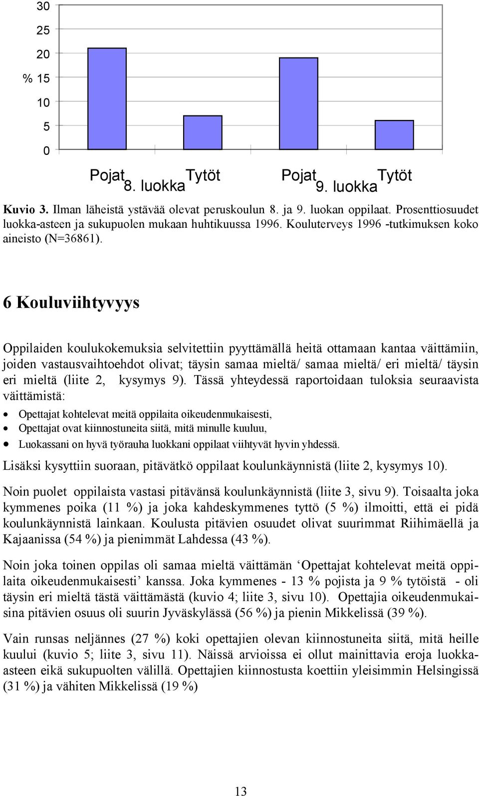 6 Kouluviihtyvyys Oppilaiden koulukokemuksia selvitettiin pyyttämällä heitä ottamaan kantaa väittämiin, joiden vastausvaihtoehdot olivat; täysin samaa mieltä/ samaa mieltä/ eri mieltä/ täysin eri