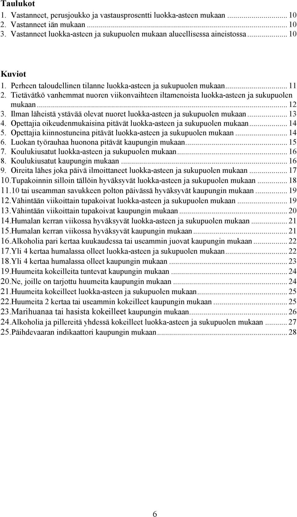 Ilman läheistä ystävää olevat nuoret luokka-asteen ja sukupuolen mukaan... 13 4. Opettajia oikeudenmukaisina pitävät luokka-asteen ja sukupuolen mukaan... 14 5.