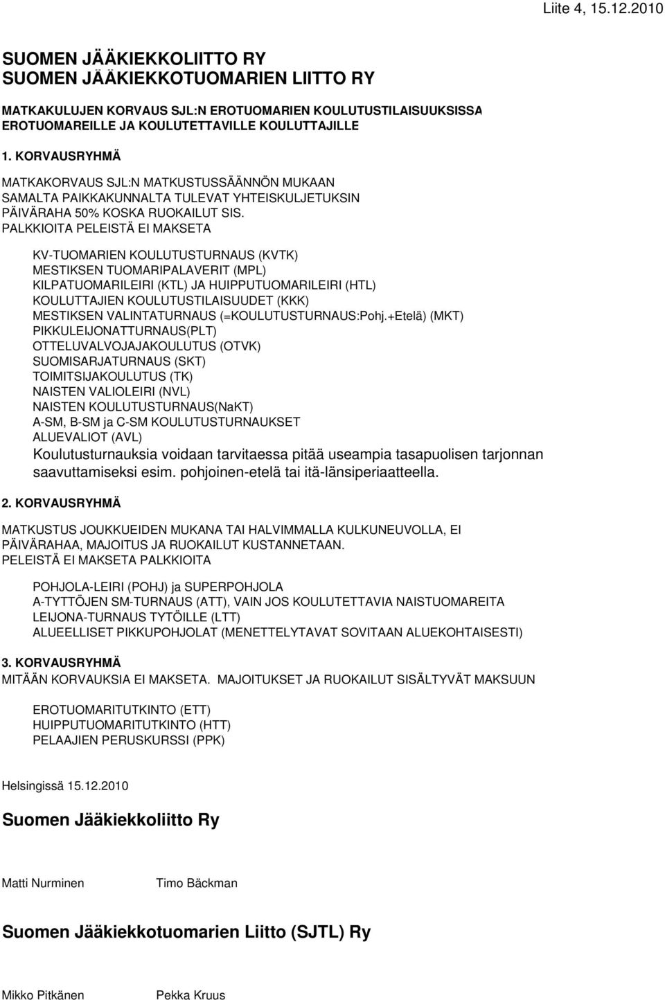 PALKKIOITA PELEISTÄ EI MAKSETA KV-TUOMARIEN KOULUTUSTURNAUS (KVTK) MESTIKSEN TUOMARIPALAVERIT (MPL) KILPATUOMARILEIRI (KTL) JA HUIPPUTUOMARILEIRI (HTL) KOULUTTAJIEN KOULUTUSTILAISUUDET (KKK)