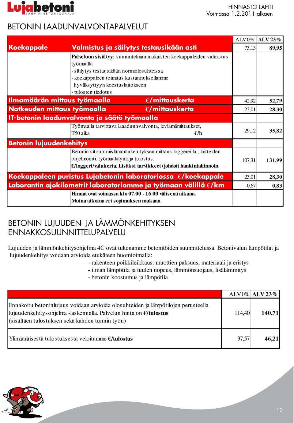 /mittauskerta IT-betonin laadunvalvonta ja säätö työmaalla Työmaalla tarvittava laaadunnvalvonta, leviämämittaukset, T50 aika /h Betonin lujuudenkehitys Betonin sitoutumislämmönkehityksen mittaus