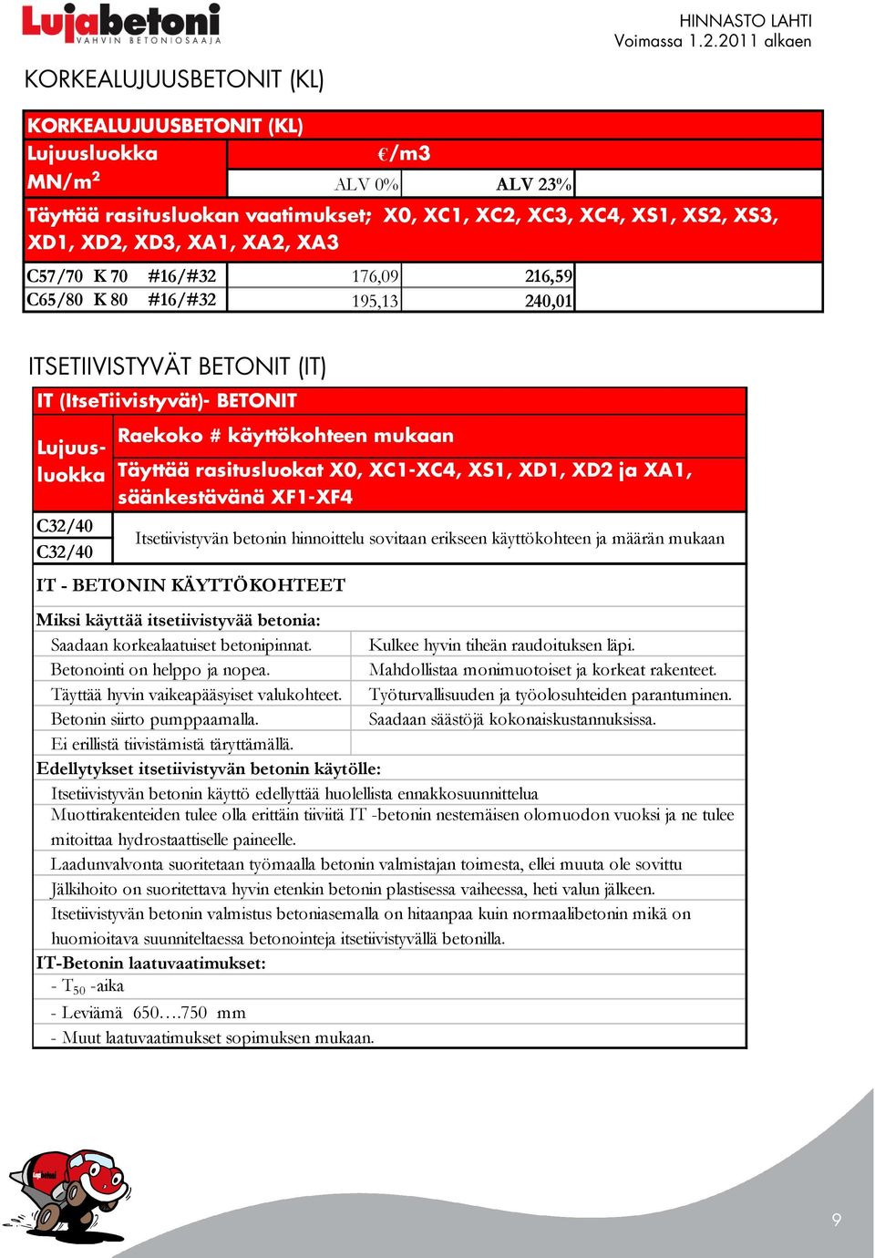 rasitusluokat X0, XC1-XC4, XS1, XD1, XD2 ja XA1, säänkestävänä XF1-XF4 Itsetiivistyvän betonin hinnoittelu sovitaan erikseen käyttökohteen ja määrän mukaan IT - BETONIN KÄYTTÖKOHTEET Miksi käyttää