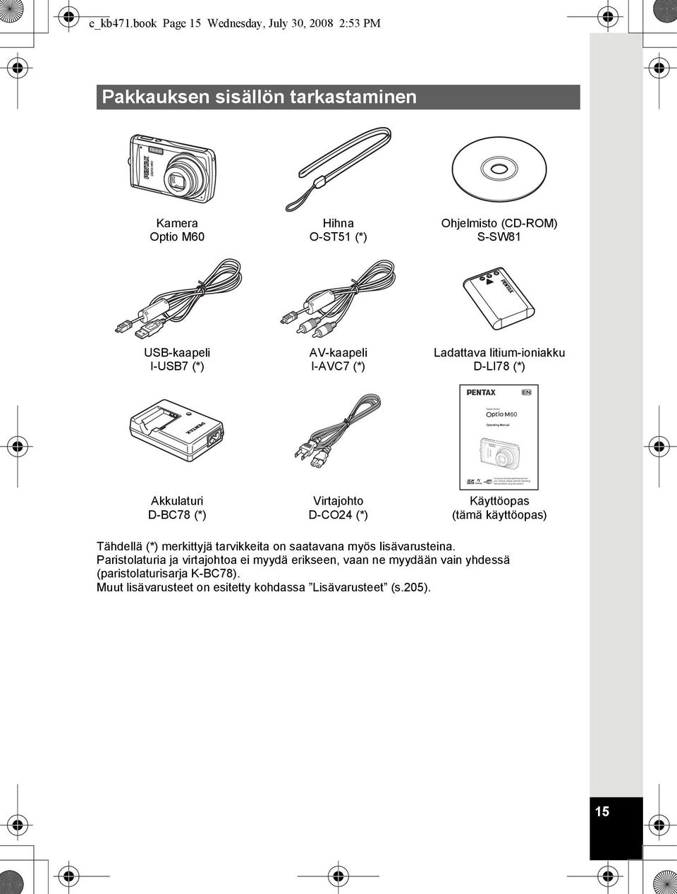 S-SW81 USB-kaapeli I-USB7 (*) AV-kaapeli I-AVC7 (*) Ladattava litium-ioniakku D-LI78 (*) Akkulaturi D-BC78 (*) Virtajohto D-CO24 (*)