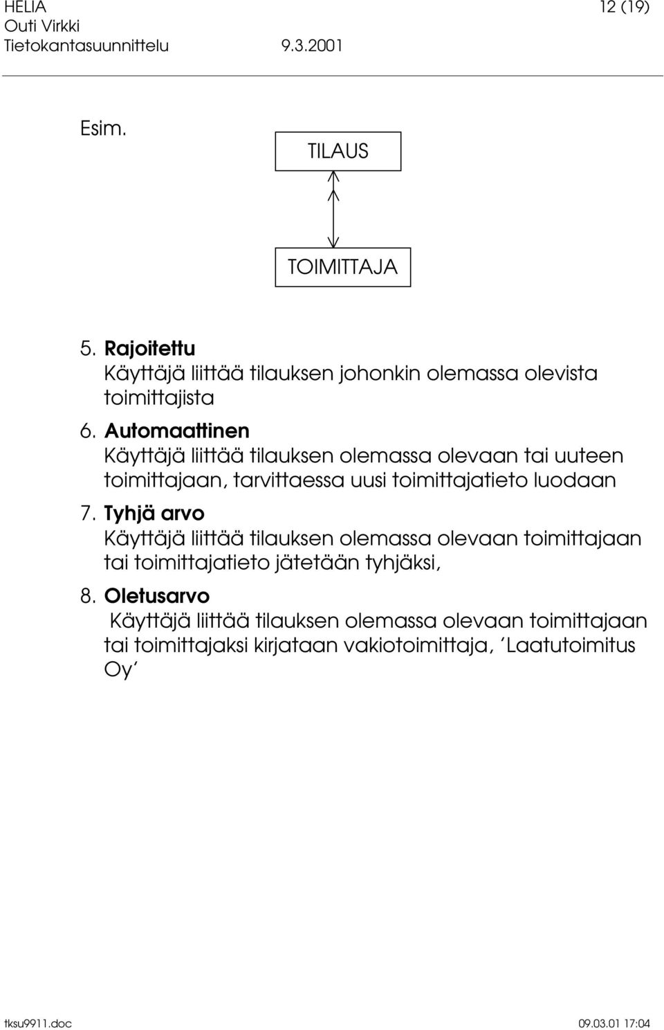 luodaan 7. Tyhjä arvo Käyttäjä liittää tilauksen olemassa olevaan toimittajaan tai toimittajatieto jätetään tyhjäksi, 8.