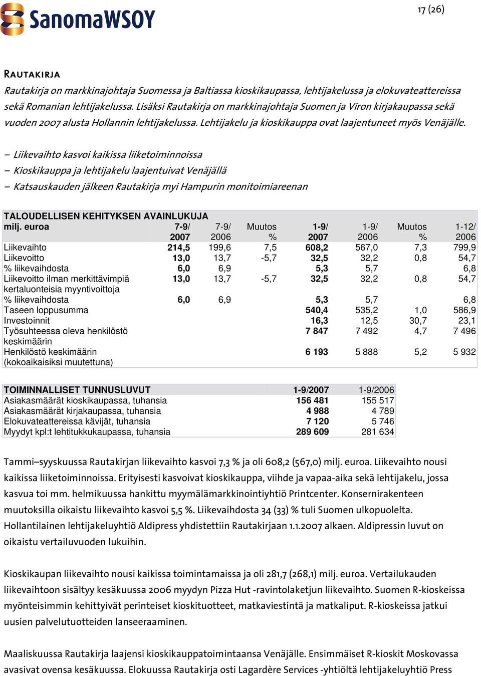 Liikevaihto kasvoi kaikissa liiketoiminnoissa Kioskikauppa ja lehtijakelu laajentuivat Venäjällä Katsauskauden jälkeen Rautakirja myi Hampurin monitoimiareenan TALOUDELLISEN KEHITYKSEN AVAINLUKUJA