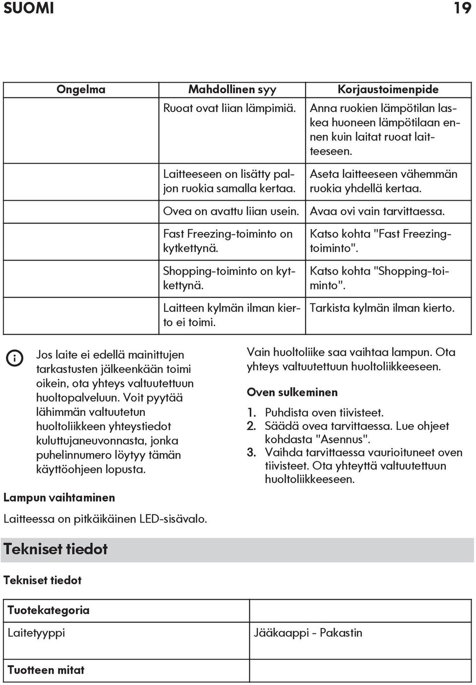 Aseta laitteeseen vähemmän ruokia yhdellä kertaa. Avaa ovi vain tarvittaessa. Katso kohta "Fast Freezingtoiminto". Katso kohta "Shopping-toiminto". Tarkista kylmän ilman kierto.