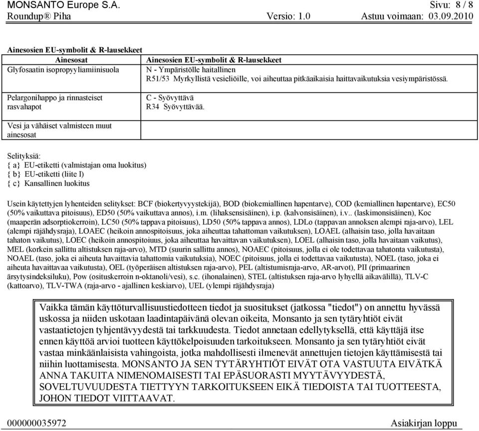 Sivu: 8 / 8 Ainesosien EU-symbolit & R-lausekkeet Ainesosat Ainesosien EU-symbolit & R-lausekkeet Glyfosaatin isopropyyliamiinisuola N - Ympäristölle haitallinen R51/53 Myrkyllistä vesieliöille, voi