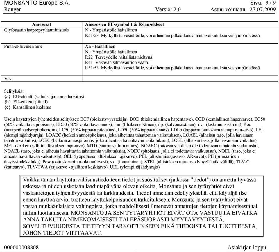 Sivu: 9 / 9 Ainesosat Glyfosaatin isopropyyliamiinisuola Pinta-aktiivinen aine Ainesosien EU-symbolit & R-lausekkeet N - Ympäristölle haitallinen R51/53 Myrkyllistä vesieliöille, voi aiheuttaa