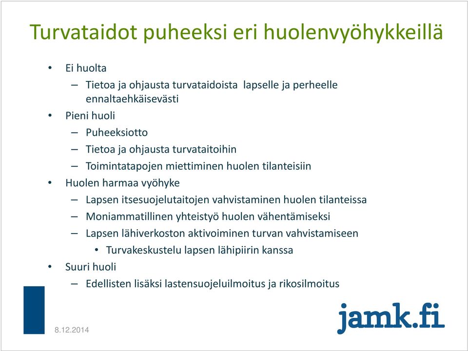 itsesuojelutaitojen vahvistaminen huolen tilanteissa Moniammatillinen yhteistyö huolen vähentämiseksi Lapsen lähiverkoston aktivoiminen