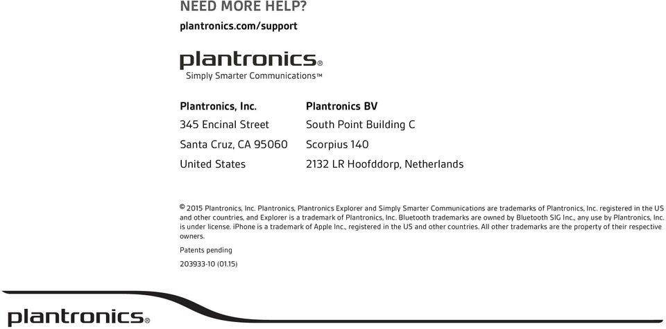 Plantronics, Plantronics Explorer and Simply Smarter Communications are trademarks of Plantronics, Inc.