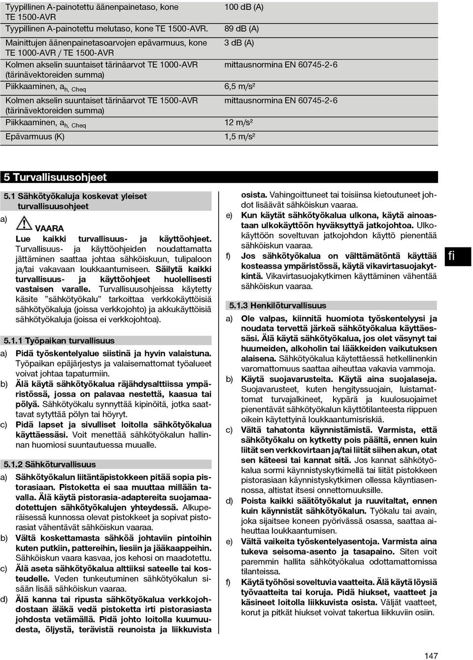 suuntaiset tärinäarvot TE 1500 AVR (tärinävektoreiden summa) Piikkaaminen, a h, Cheq Epävarmuus (K) 100 db (A) 89 db (A) 3dB(A) mittausnormina EN 60745 2 6 6,5 m/s² mittausnormina EN 60745 2 6 12