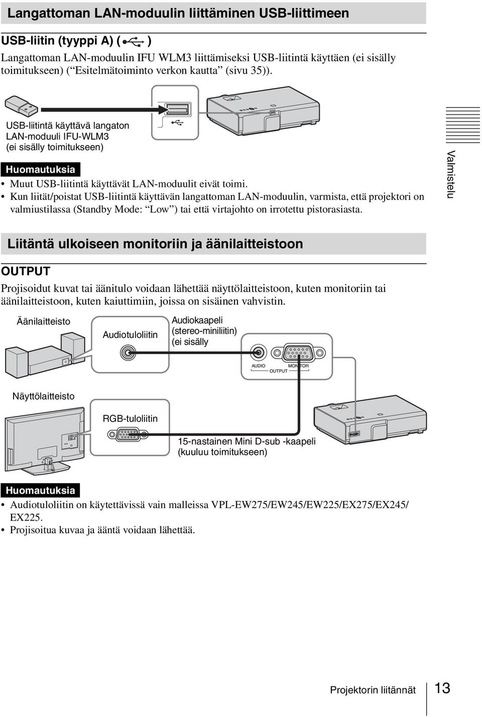 Kun liität/poistat USB-liitintä käyttävän langattoman LAN-moduulin, varmista, että projektori on valmiustilassa (Standby Mode: Low ) tai että virtajohto on irrotettu pistorasiasta.