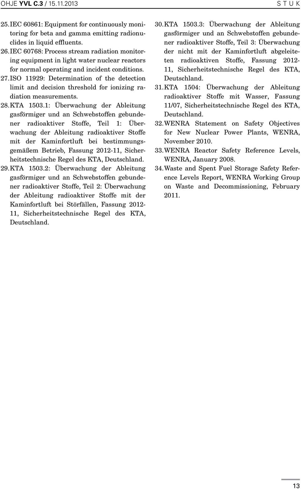 ISO 11929: Determination of the detection limit and decision threshold for ionizing radiation measurements. 28. KTA 1503.