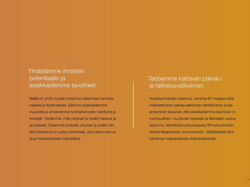 Osaamme yhdistää yritykset ja yksilöt niin, että tuloksena on uutta potentiaalia, joka tekee kasvusta ja menestyksestä mahdollista.