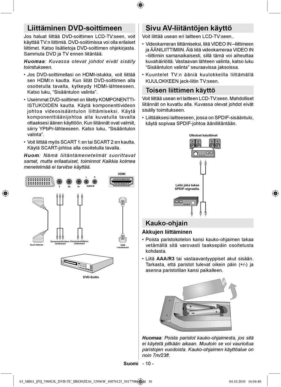 Kun liität DVD-soittimen alla osoitetulla tavalla, kytkeydy HDMI-lähteeseen. Katso luku, Sisääntulon valinta. Useimmat DVD-soittimet on liitetty KOMPONENTTI- ISTUKOIDEN kautta.
