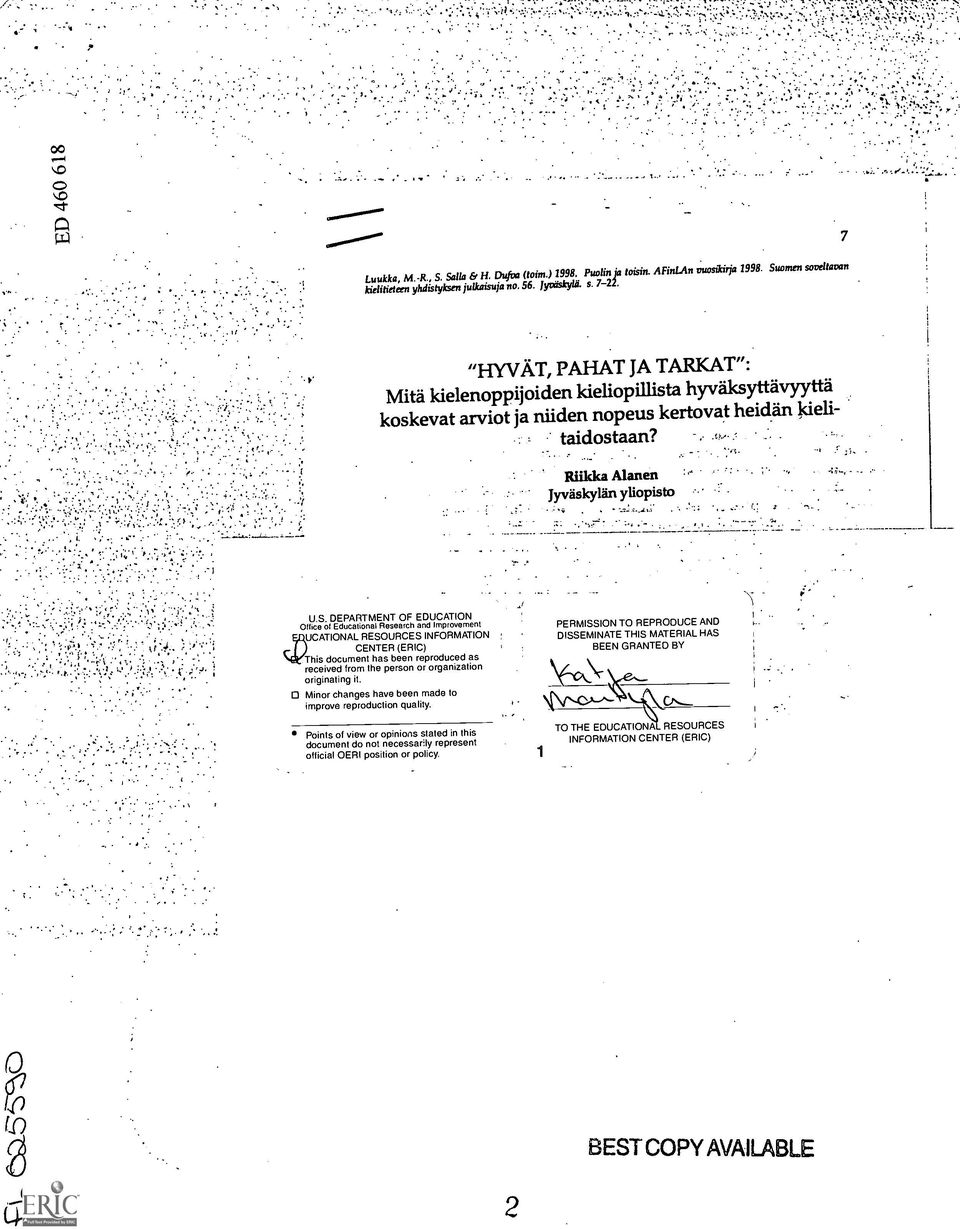 DEPARTMENT OF EDUCATION Office of Educational Research and improvement UCATIONAL RESOURCES INFORMATION CENTER (ERIC) This document has been reproduced as received from the person or organization