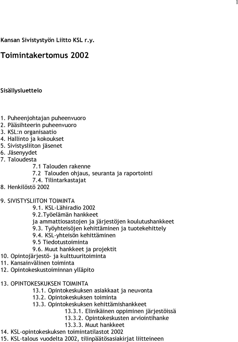 2.Työelämän hankkeet ja ammattiosastojen ja järjestöjen koulutushankkeet 9.3. Työyhteisöjen kehittäminen ja tuotekehittely 9.4. KSL-yhteisön kehittäminen 9.5 Tiedotustoiminta 9.6.