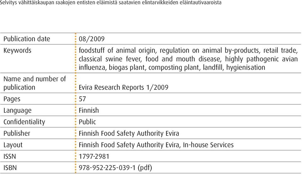 and number of publication Evira Research Reports 1/2009 Pages 57 Language Finnish Confidentiality Public Publisher Finnish Food