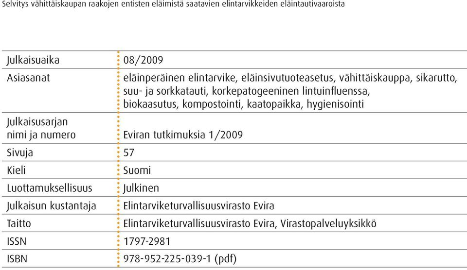 ja numero Eviran tutkimuksia 1/2009 Sivuja 57 Kieli Suomi Luottamuksellisuus Julkinen Julkaisun kustantaja