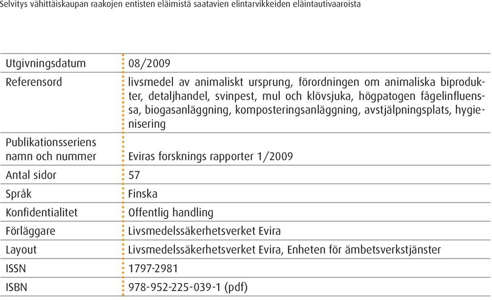 Publikationsseriens namn och nummer Eviras forsknings rapporter 1/2009 Antal sidor 57 Språk Finska Konfidentialitet Offentlig handling