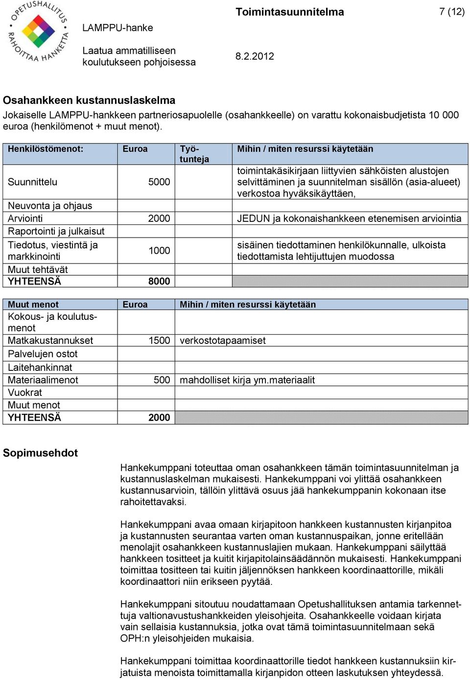 hyväksikäyttäen, Neuvonta ja ohjaus Arviointi 2000 JEDUN ja kokonaishankkeen etenemisen a Raportointi ja julkaisut Tiedotus, viestintä ja 1000 markkinointi Muut tehtävät YHTEENSÄ 8000 Muut menot