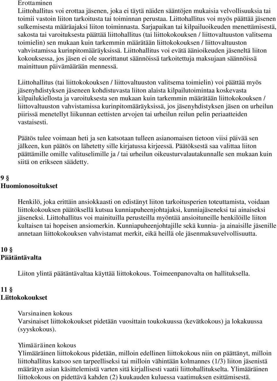 Sarjapaikan tai kilpailuoikeuden menettämisestä, sakosta tai varoituksesta päättää liittohallitus (tai liittokokouksen / liittovaltuuston valitsema toimielin) sen mukaan kuin tarkemmin määrätään