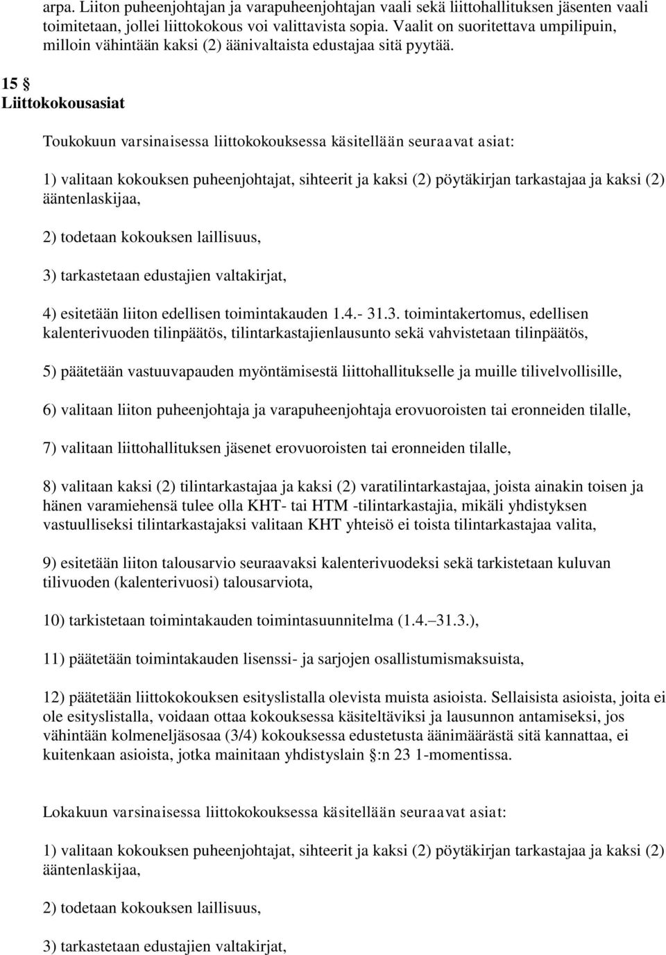 15 Liittokokousasiat Toukokuun varsinaisessa liittokokouksessa käsitellään seuraavat asiat: 1) valitaan kokouksen puheenjohtajat, sihteerit ja kaksi (2) pöytäkirjan tarkastajaa ja kaksi (2)