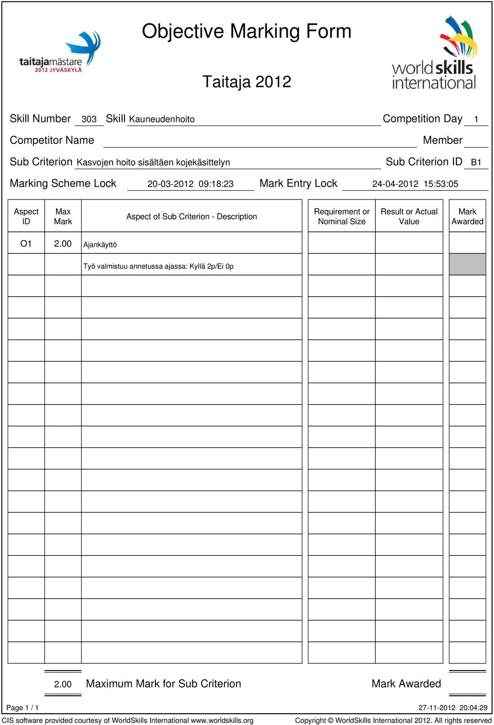 Entry Lock 24-04-2012 15:53:05 of Sub Criterion - Description Requirement or Nominal Size